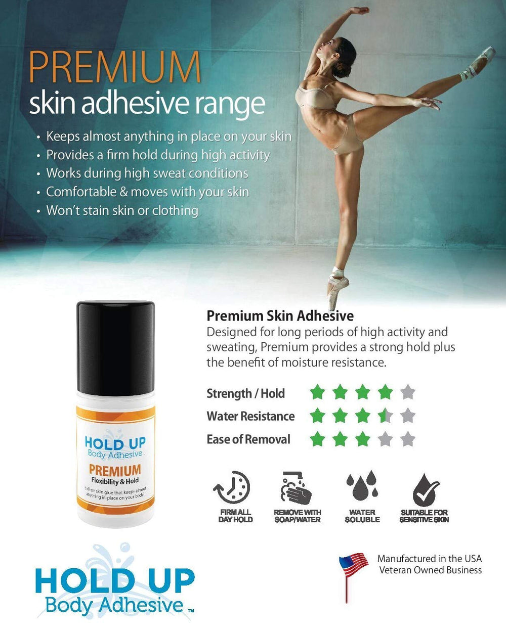 Dancer wearing Hold Up Body Adhesive to stay in place during performance.