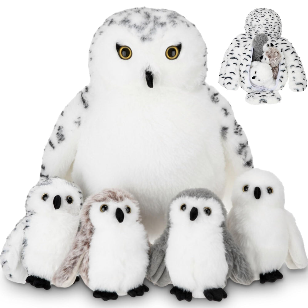 Hollowfly mommy snowy owl with four babies for cozy storage and play