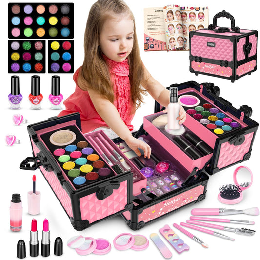 Hollyhi 59Pcs makeup kit cover with colorful tools for dress-up fun.