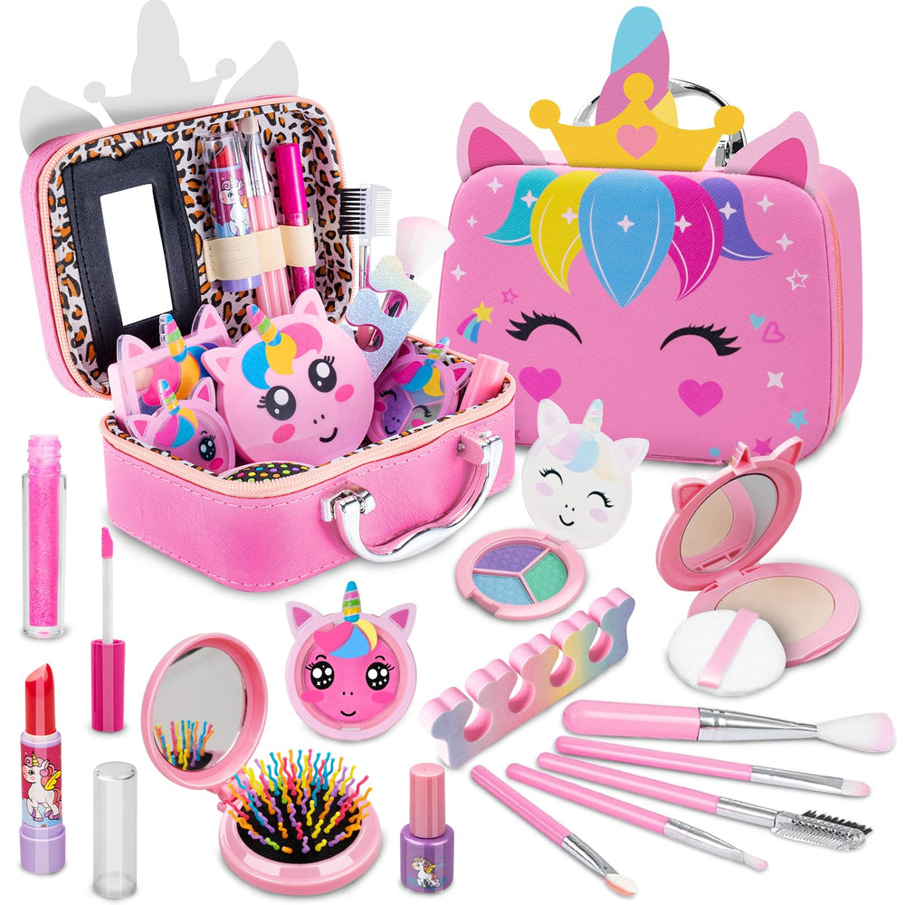 Hollyhi kids makeup kit with unicorn bag open showing real cosmetics for toddlers