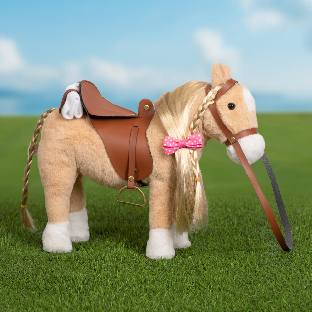 HollyHOME Palomino horse plush with pink hairpin for quick hair styling