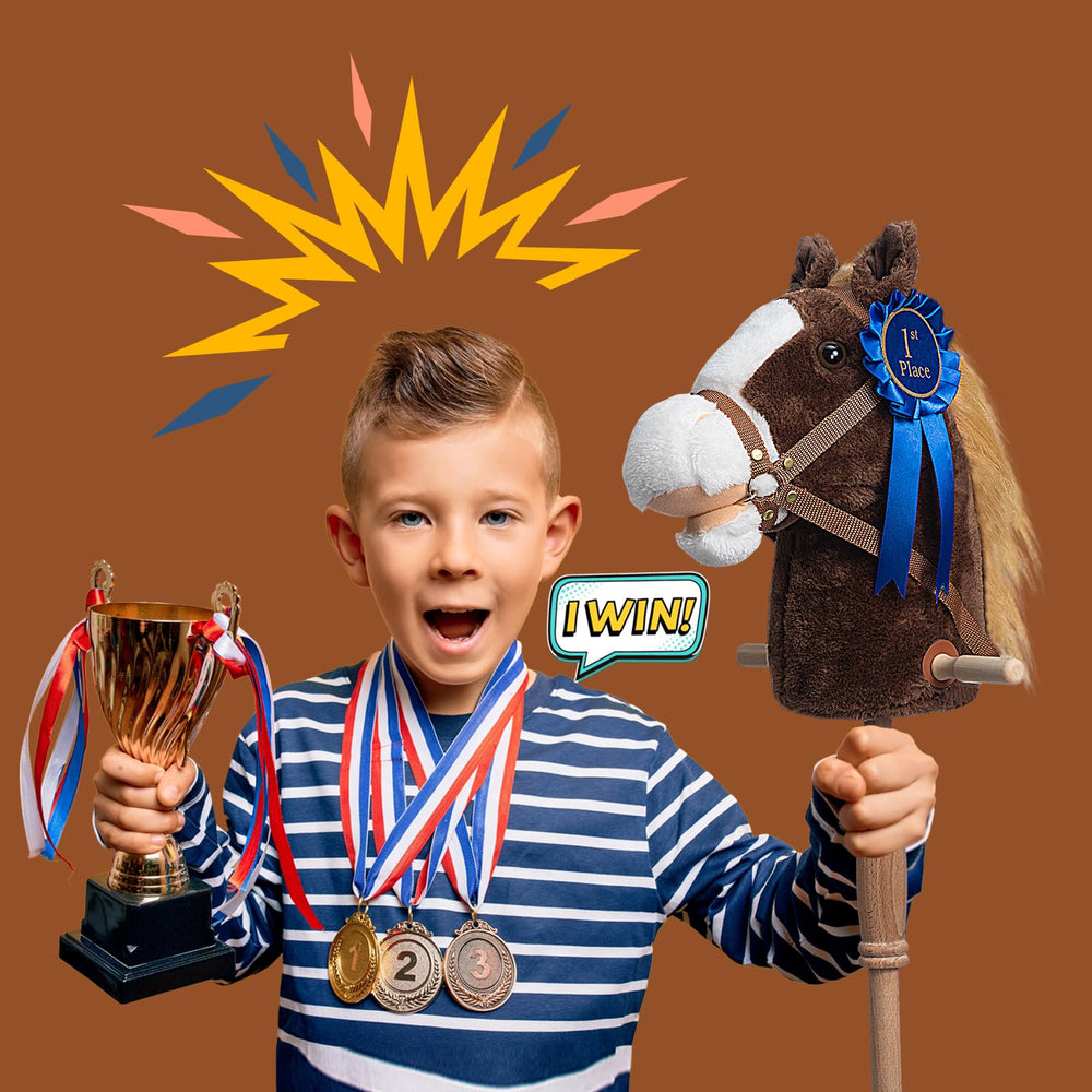HollyHOME stick horse with detachable blue ribbon — versatile showhorse role-play