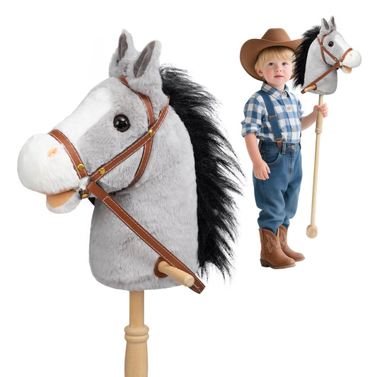 The HollyHOME stick horse plush head close-up shows a soft texture for imaginative play.
