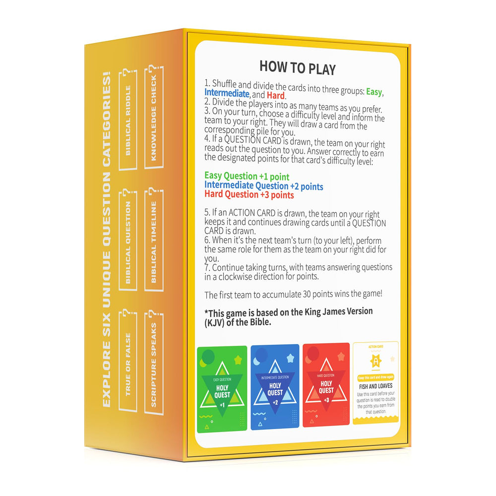 HOLY QUEST King James Version reference on cards for familiar wording.