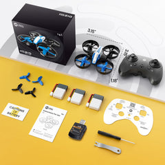 Holy Stone HS210 blue 3D flips, playful tricks for budding pilots.
