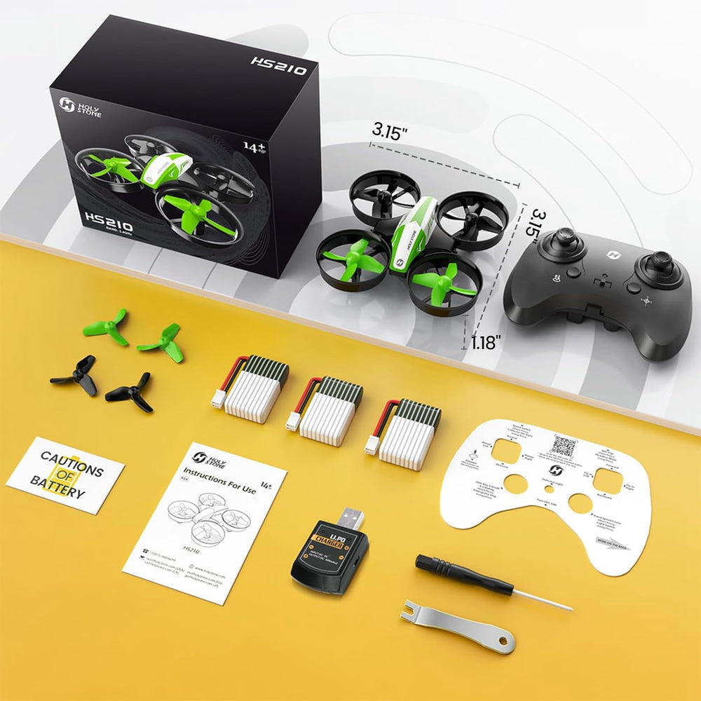 Holy Stone HS210 green packaging-bundle indicates 3 batteries and guards.