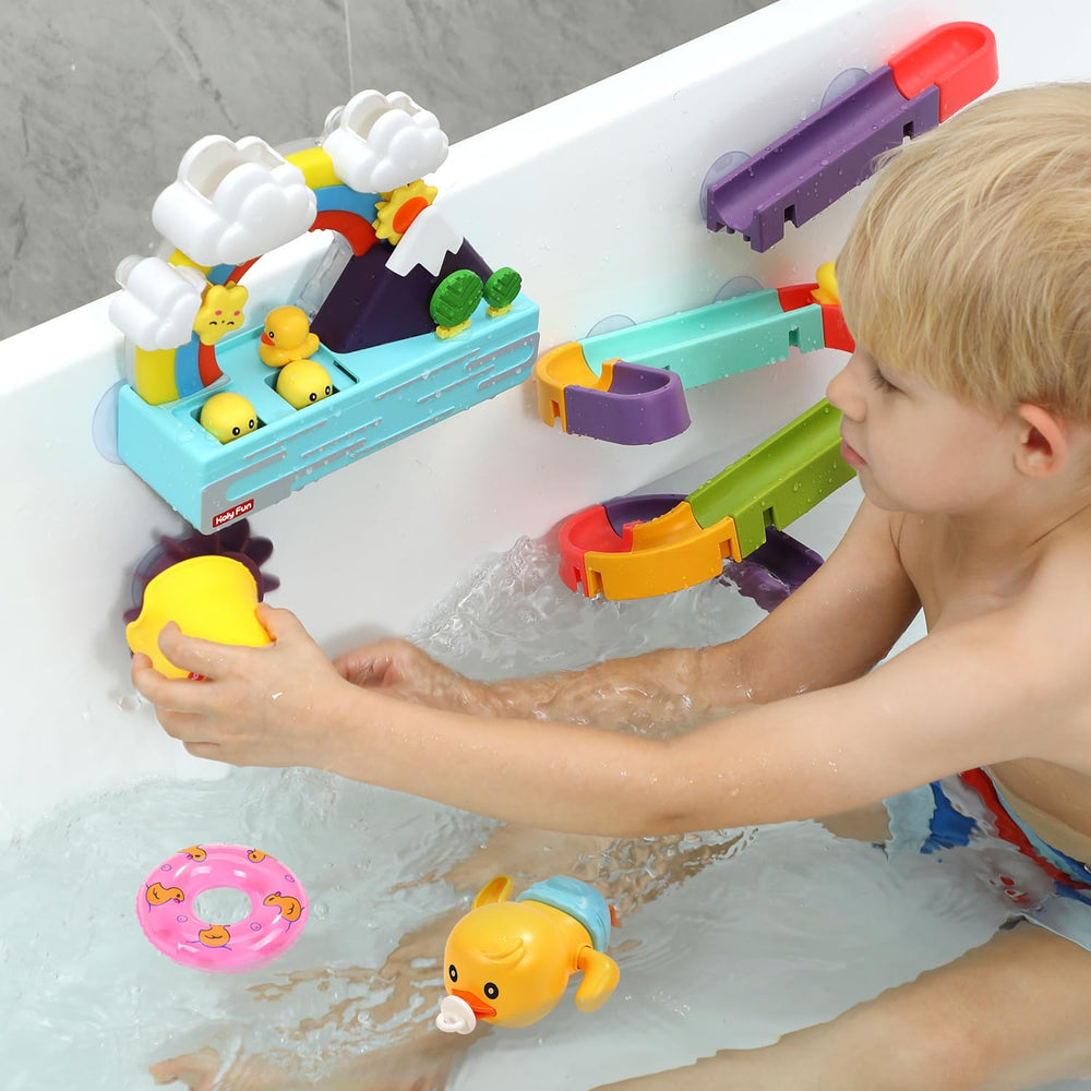 HOLYFUN bath duck toy features right-side water interaction that rotates the sun for toddlers