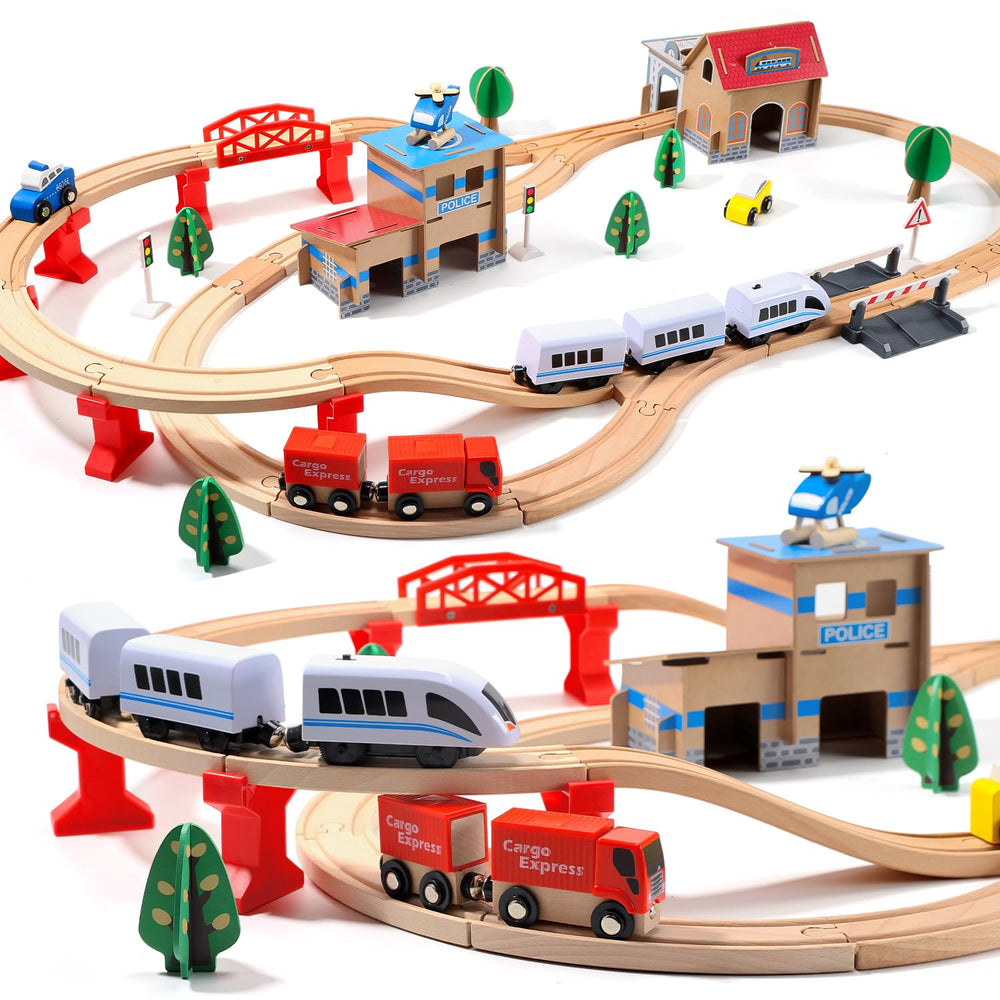 HOLYFUN electric toddler wooden train set with 88 pieces for imaginative play.