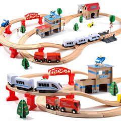 HOLYFUN electric toddler wooden train set with 88 pieces for imaginative play.