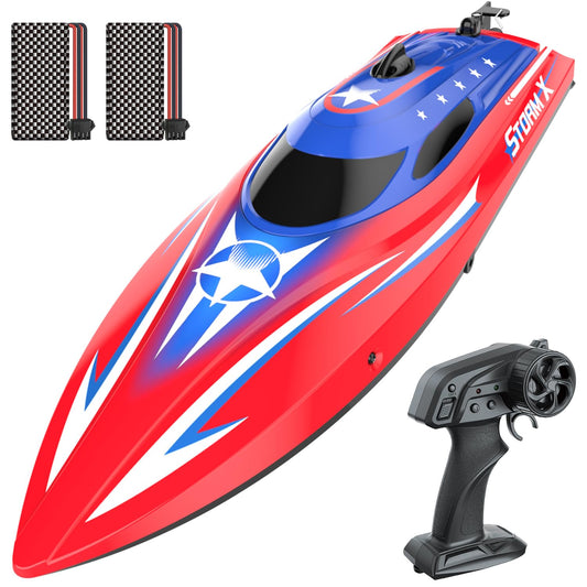HOLYFUN RC boat demonstrating full proportional control for precise steering on calm water.
