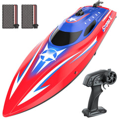HOLYFUN RC boat demonstrating full proportional control for precise steering on calm water.