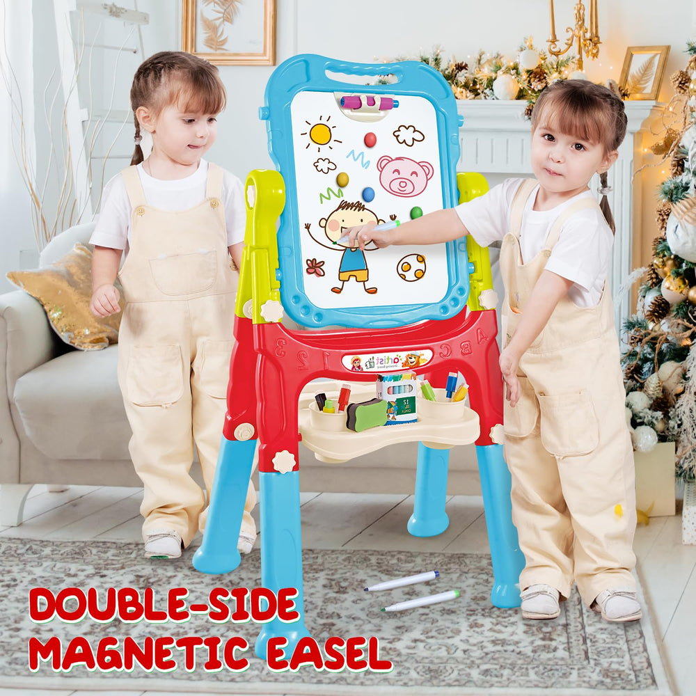HOLYFUN toddler easel magnetic board and chalkboard supports diverse media for creative play.