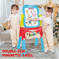 HOLYFUN toddler easel magnetic board and chalkboard supports diverse media for creative play.