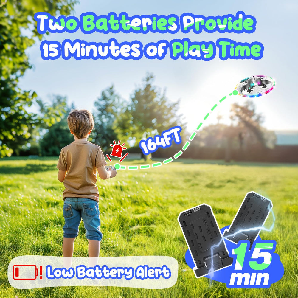 HOLYFUN Foam UFO Drone dual batteries extend flight time.