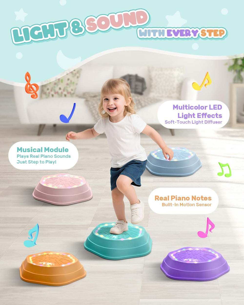 Holyton Music Light-Up Stepping Stones pink lawn play energizes outdoor balance activities.
