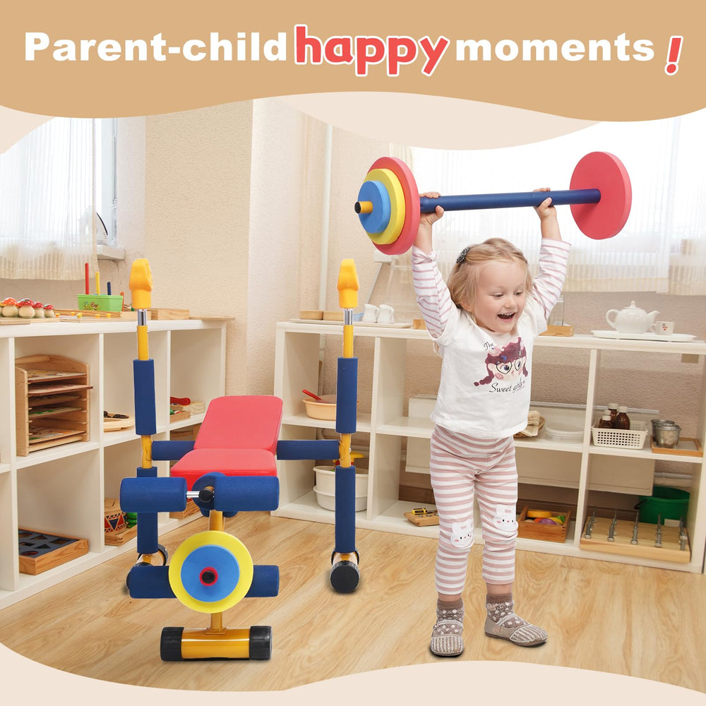 Home-Man Kids Weight Bench barbell—soft padding for safe toddler lifting.