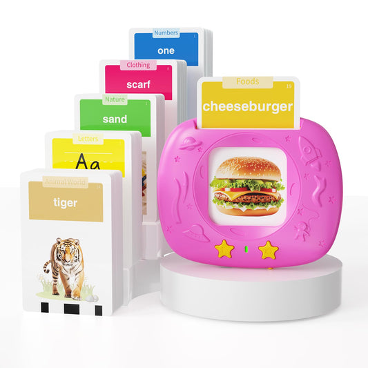 HOMESTEC Toddlers Talking Flash Cards pink cover with vibrant illustrations for word recognition.
