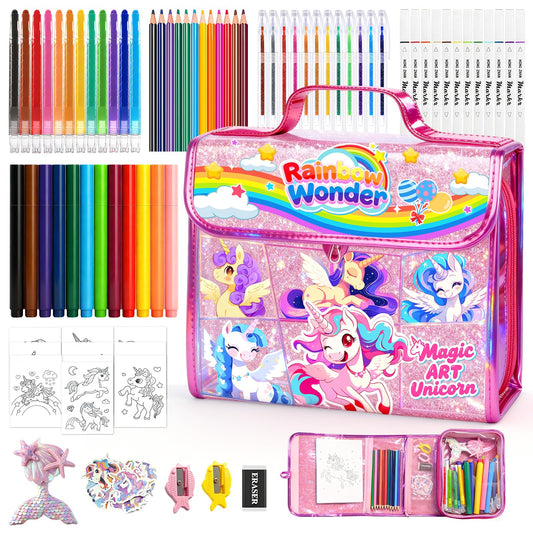 Homicozy 106-piece scented marker set in unicorn pouch for on-the-go creativity.