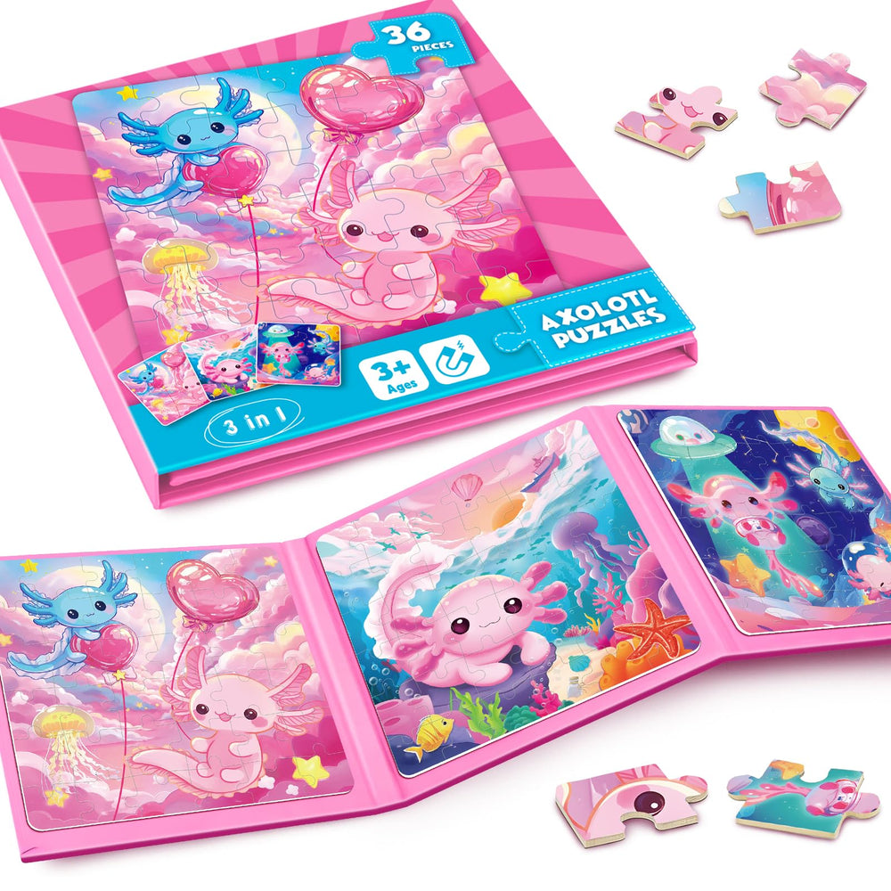 Homicozy axolotl magnetic puzzle set front cover supports calm travel activities.