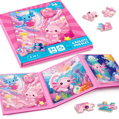 Homicozy axolotl magnetic puzzle set front cover supports calm travel activities.