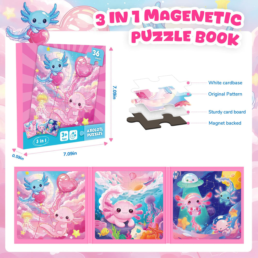 Homicozy axolotl puzzle open book shows magnetic pieces staying in place.