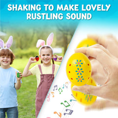 Homily wooden egg shaker with green dots encourages sharing sounds in group activities.