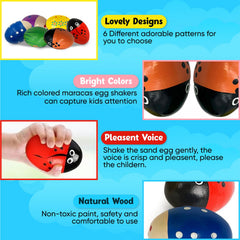 Homily wooden egg shaker with yellow sun pattern boosts color recognition during play.