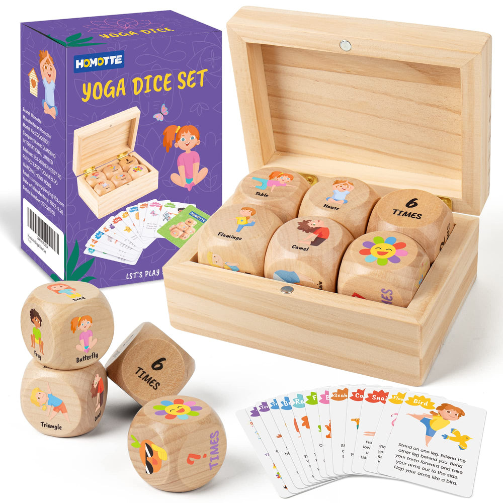 Homotte wooden yoga dice set on a wooden surface for quick kid-friendly workouts.