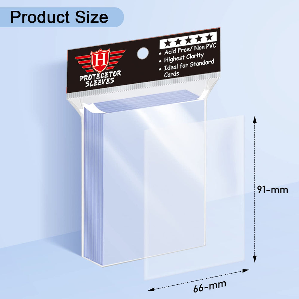 Close-up of Homthy clear sleeves showing crystal-clear visibility for easy card viewing.