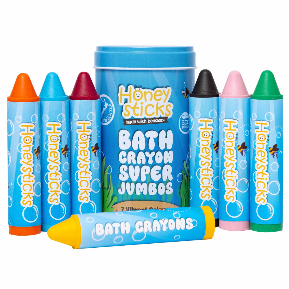 Honeysticks jumbo bath crayons in seven colors with easy grip for toddlers.
