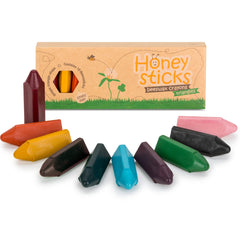 Honeysticks triangular crayons pack cover showing 10 colors for safe toddler coloring.