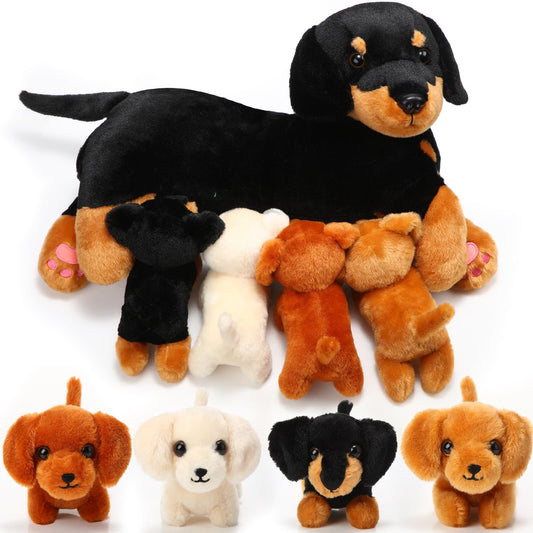 Honoson dog mommy plush with four puppies for kids, soft and cuddly.