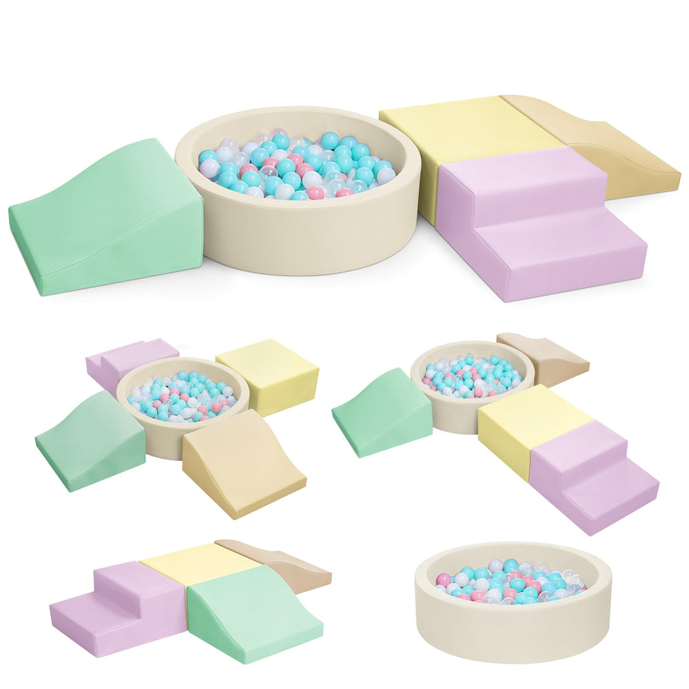 Hoohtoot foam climbing blocks with yellow ball pit, front view for safe indoor crawling play.