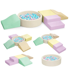 Hoohtoot foam climbing blocks with yellow ball pit, front view for safe indoor crawling play.