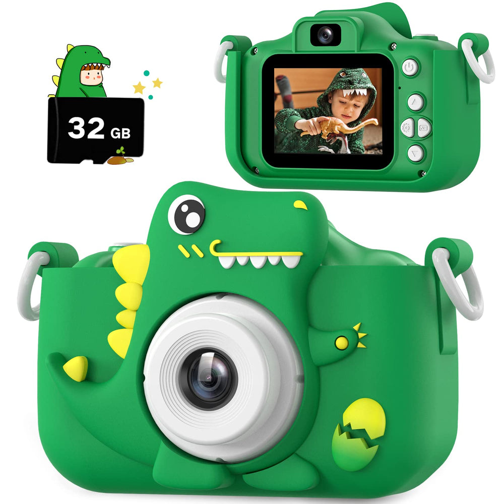 HOOMOON Upgrade Dinosaur Kids Camera front view shows durable, kid-friendly design for outdoor play