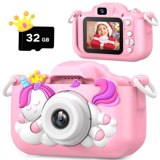 HOOMOON Upgrade Unicorn Kids Camera front view with kid-friendly selfie mode.