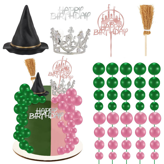 Hooqict pink-green witch hat cake topper enhances magical birthday cake