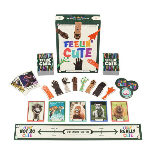 Hootenanny Games Feelin' Cute box front invites family game night.