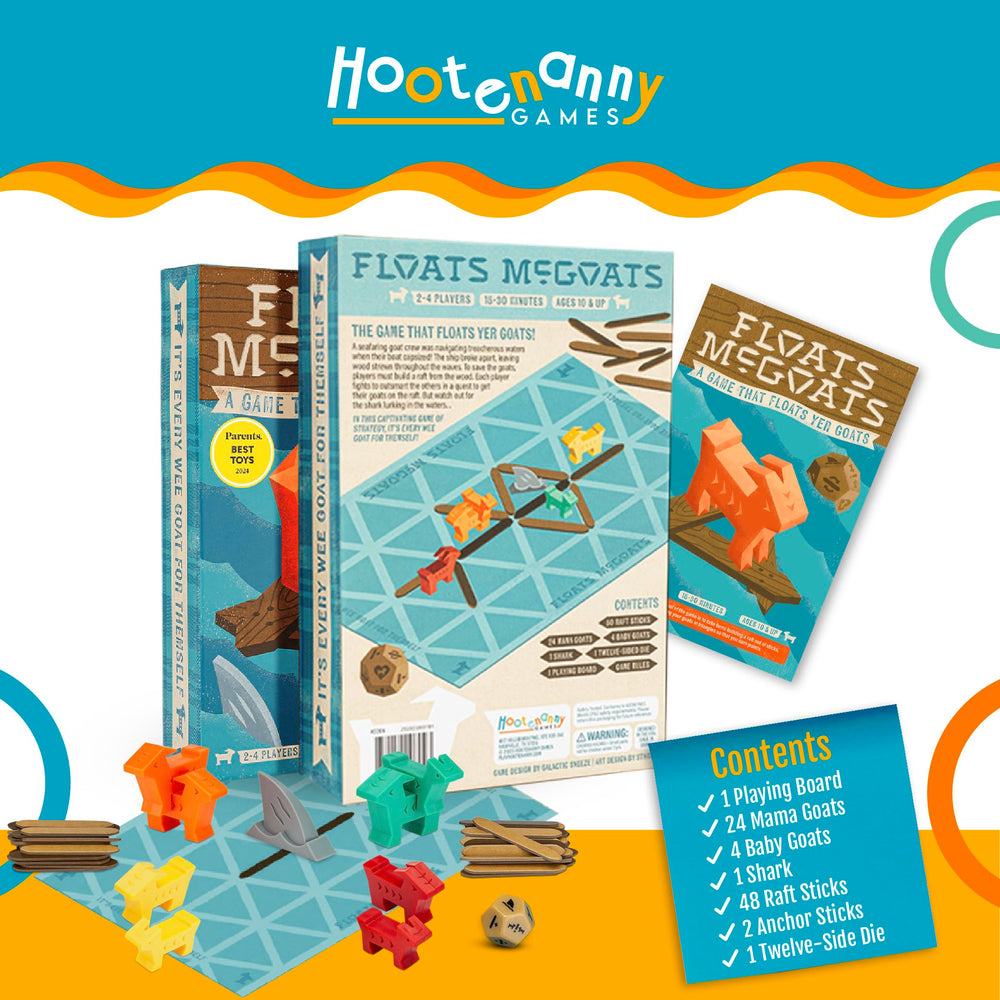 Hootenanny Games Floats McGoats family-night scene emphasizes quick setup and shared laughs.