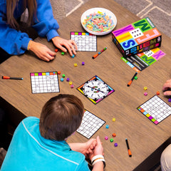 Bright, color-coordinated dice highlight the sabotage twist in Sixem.