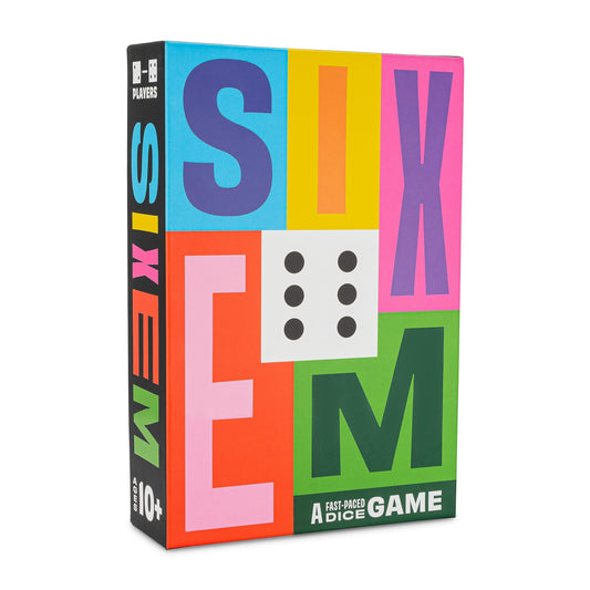 Hootenanny Games Sixem dice game box with vibrant components for family game night.