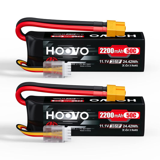 HOOVO 3S LiPo battery top view with XT60 connector for extended FPV flight time.