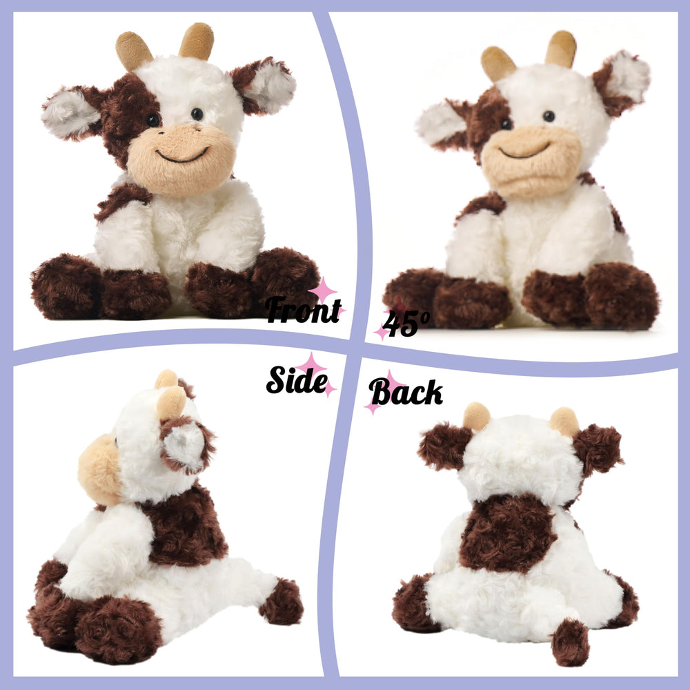 Hopearl cow stuffed animal lying ready for cozy nap time.