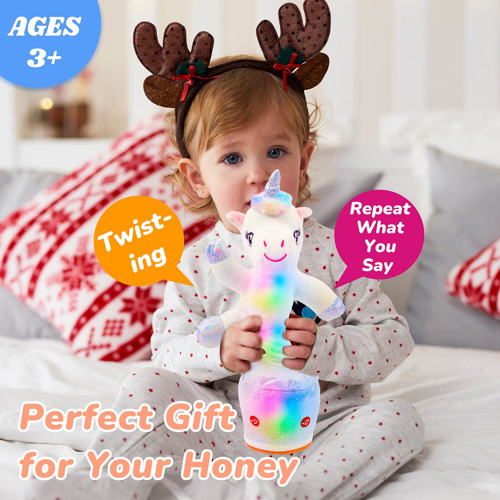 Hopearl Glowing Dancing Unicorn listening to kids and repeating phrases.