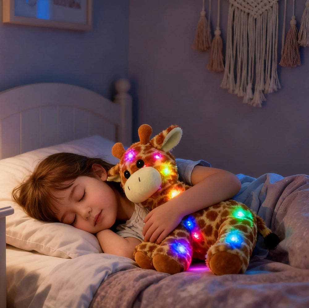 Hopearl giraffe plush toy with battery-operated LED lights for play and glow.