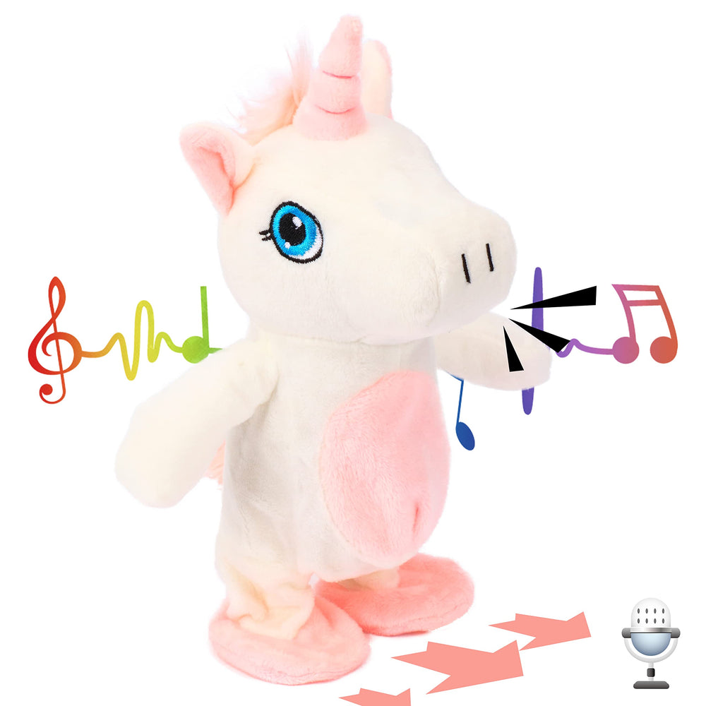 Hopearl Talking Unicorn repeats words, 9.5-inch tall design for playful language play.