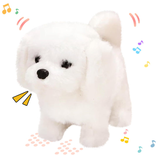 Hopearl walking dog bichon seven-inch in motion captivates toddlers during playtime.