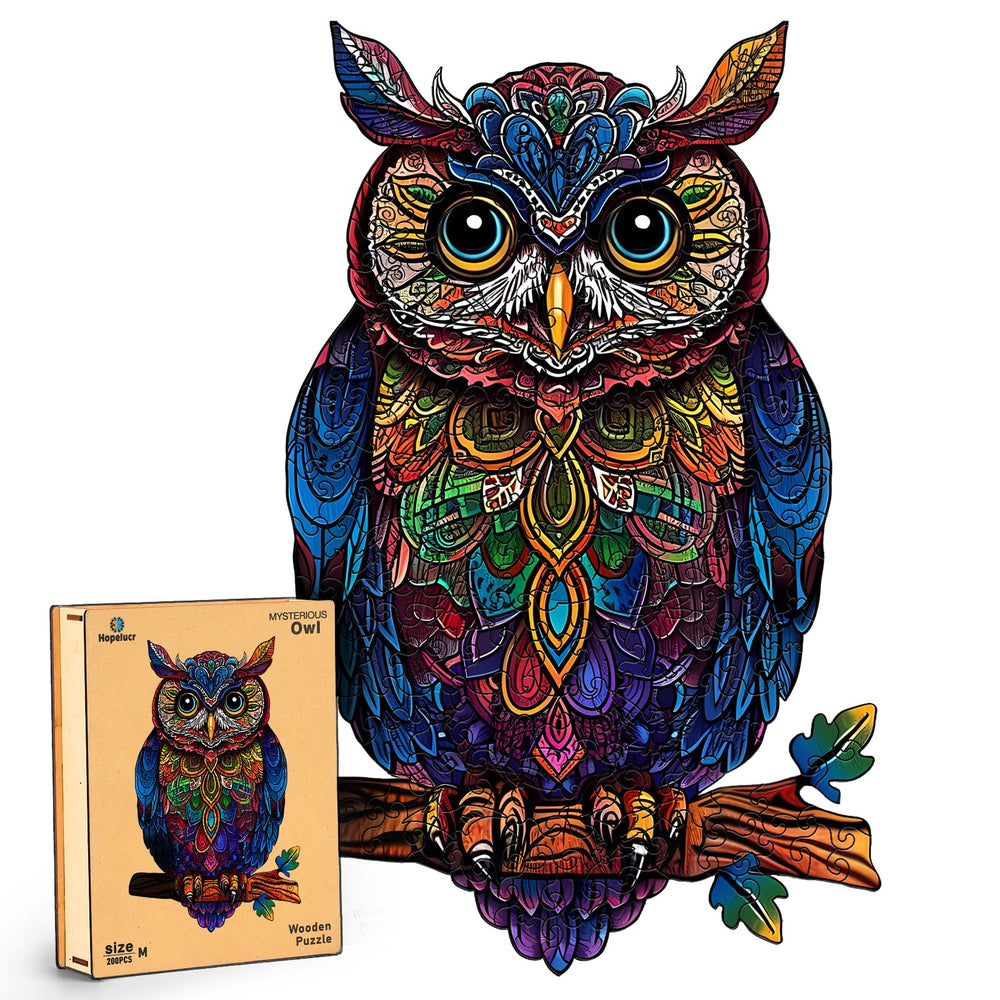 Hopelucr Owl Puzzle assembled shows a vibrant wooden artwork for display