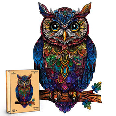 Hopelucr Owl Puzzle assembled shows a vibrant wooden artwork for display
