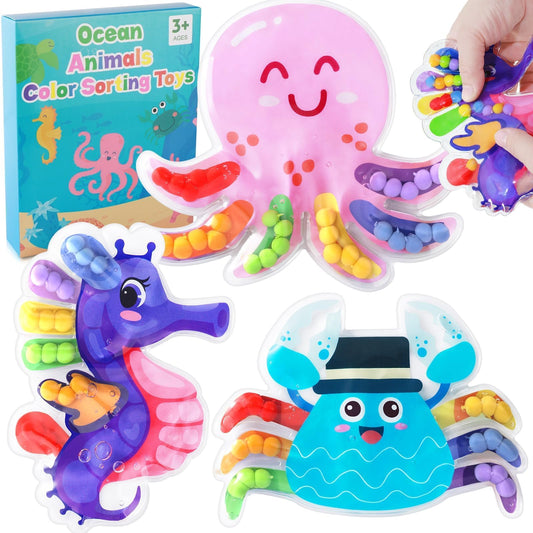 Hopihy 3Pack color sorting toys with sea animals beads for color practice.